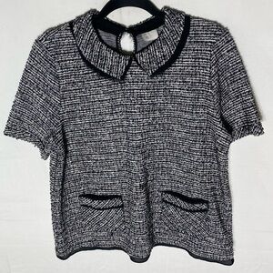 Anthropologie 9-HIS-STCL Black W White Short Sleeve Top W Collar L